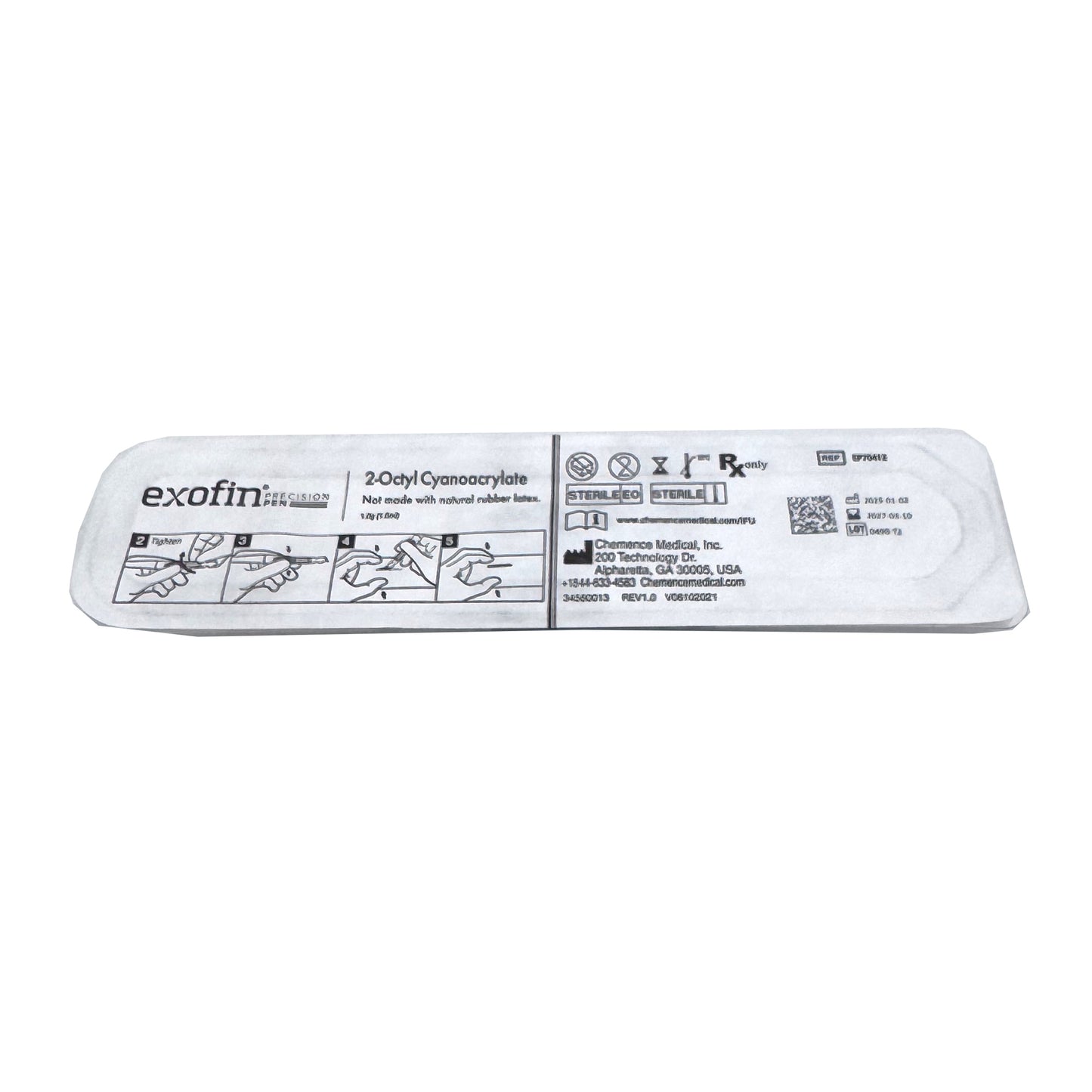 Back of Exofin Precision Pen packaging – product specifications, usage instructions, and regulatory details