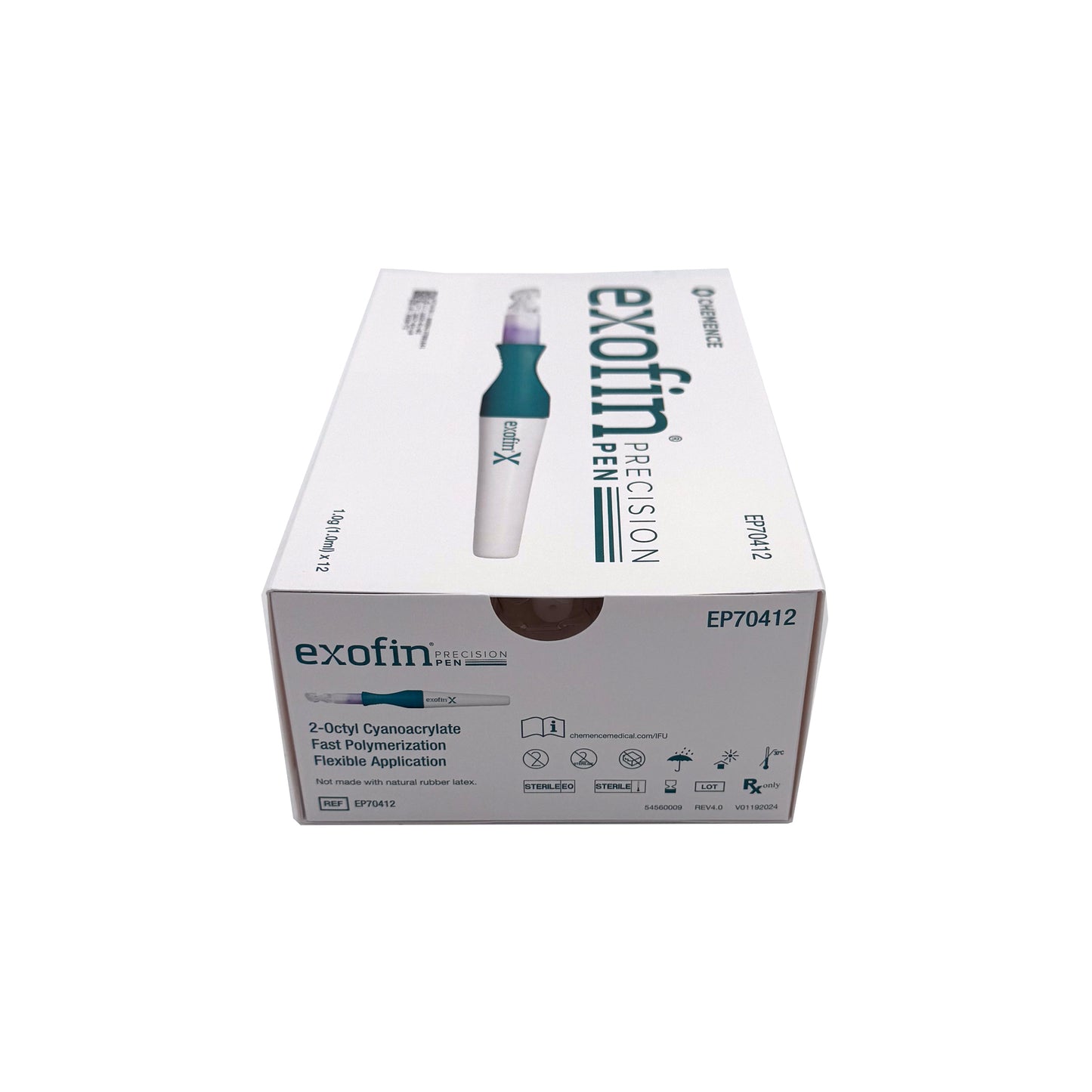 Side view of Exofin Precision Pen case – labeled medical packaging for 1 mL high viscosity tissue adhesive