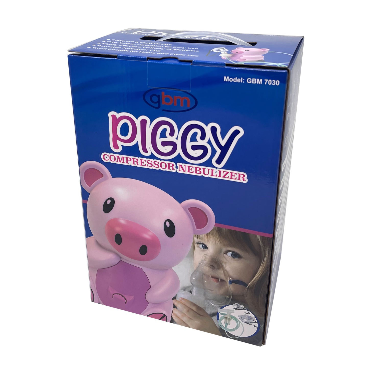 GBM Pediatric Compressor Nebulizer in pig design inside retail packaging.
