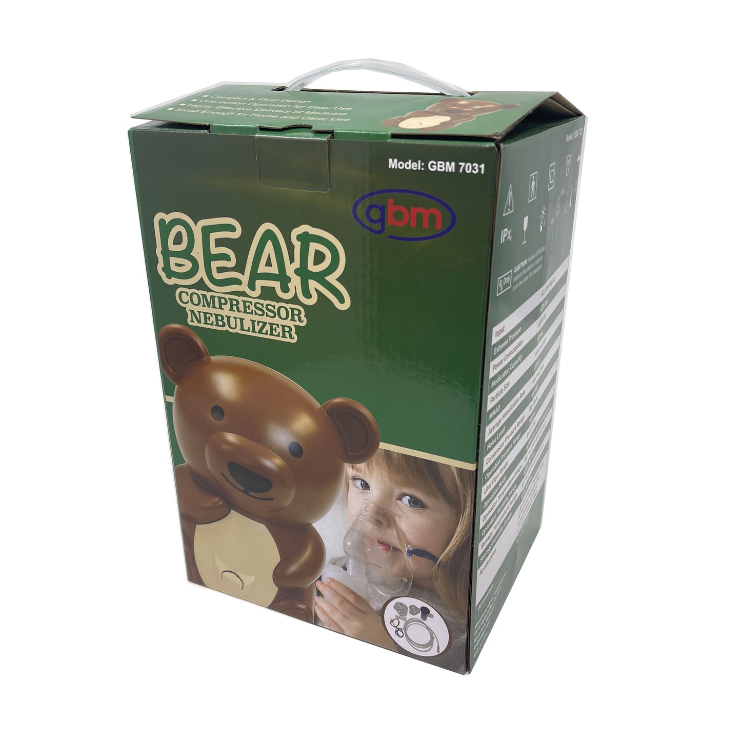 GBM Pediatric Compressor Nebulizer in bear design inside retail packaging.