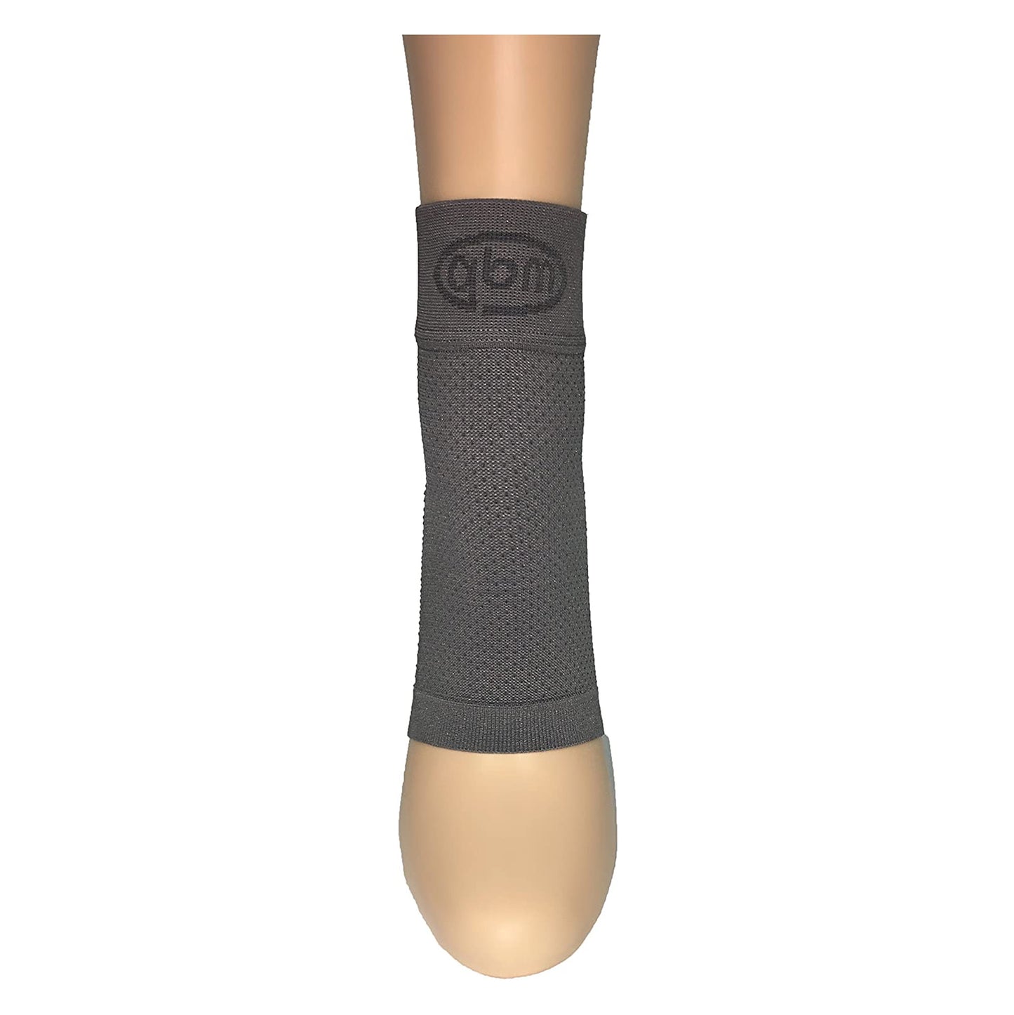 Grey GBM mmHg Compression Foot Sleeve straight-on view showing arch and heel coverage.