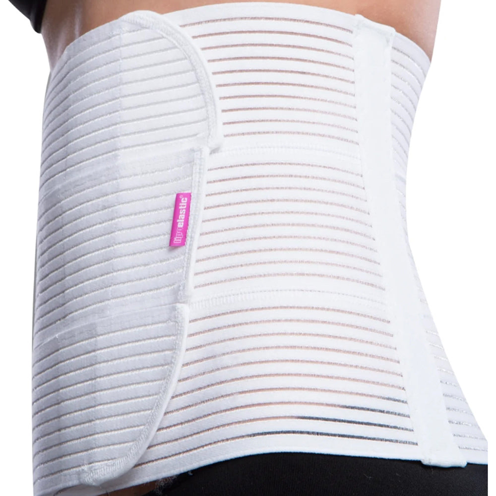 Close-up of Lipoelastic KP Special white abdominal binder showing separated Velcro fastening panels and pink brand logo.