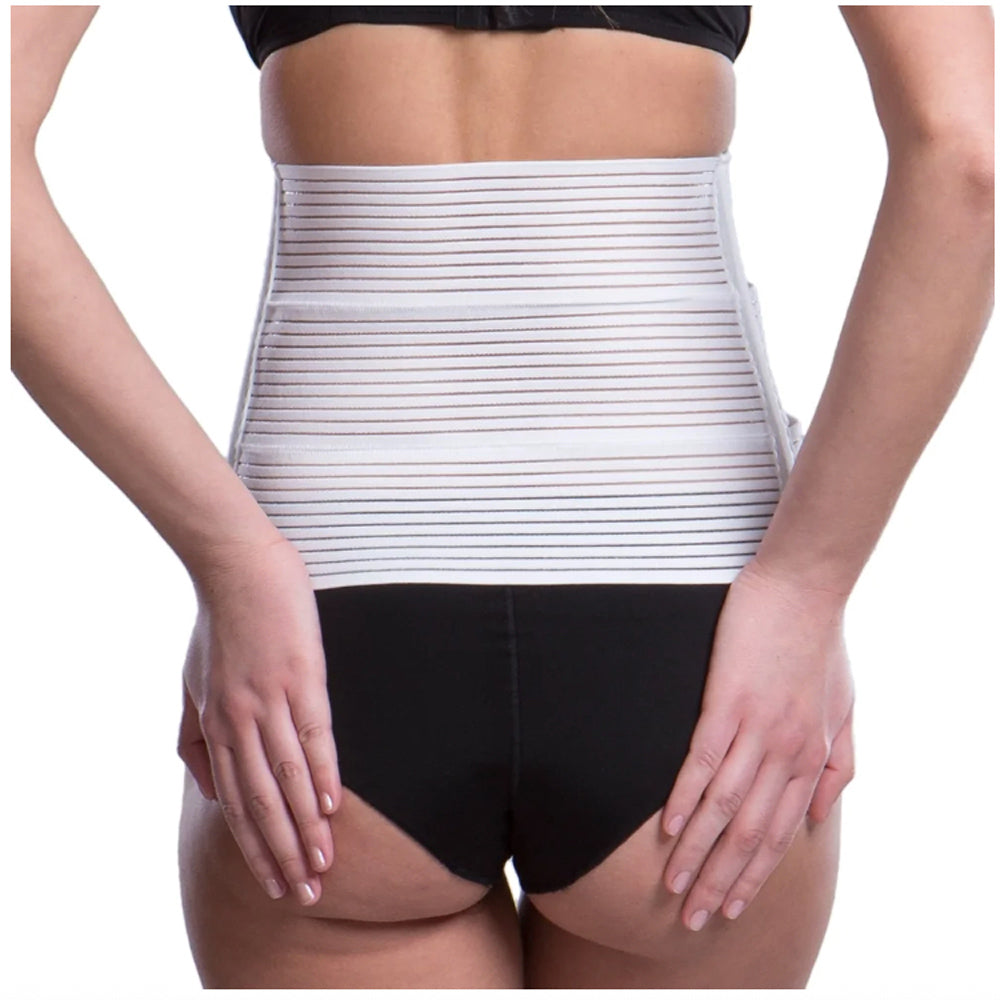 Back view of Lipoelastic KP Special white abdominal binder providing even post-operative compression and support.