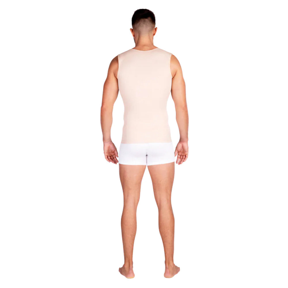 Back view of man wearing Lipoelastic MTmL Comfort beige compression vest”
