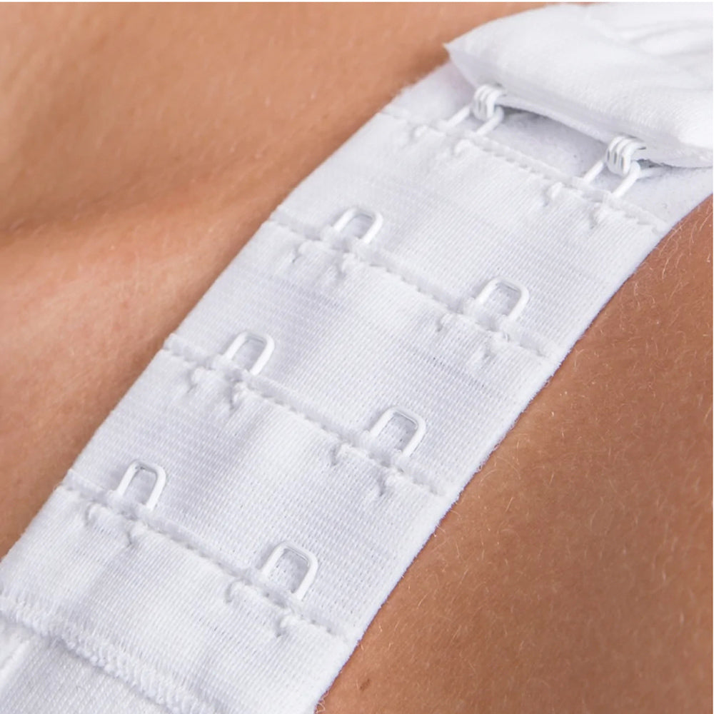 Adjustable strap detail of LIPOELASTIC PI Special post-surgery bra with hook-and-eye closures