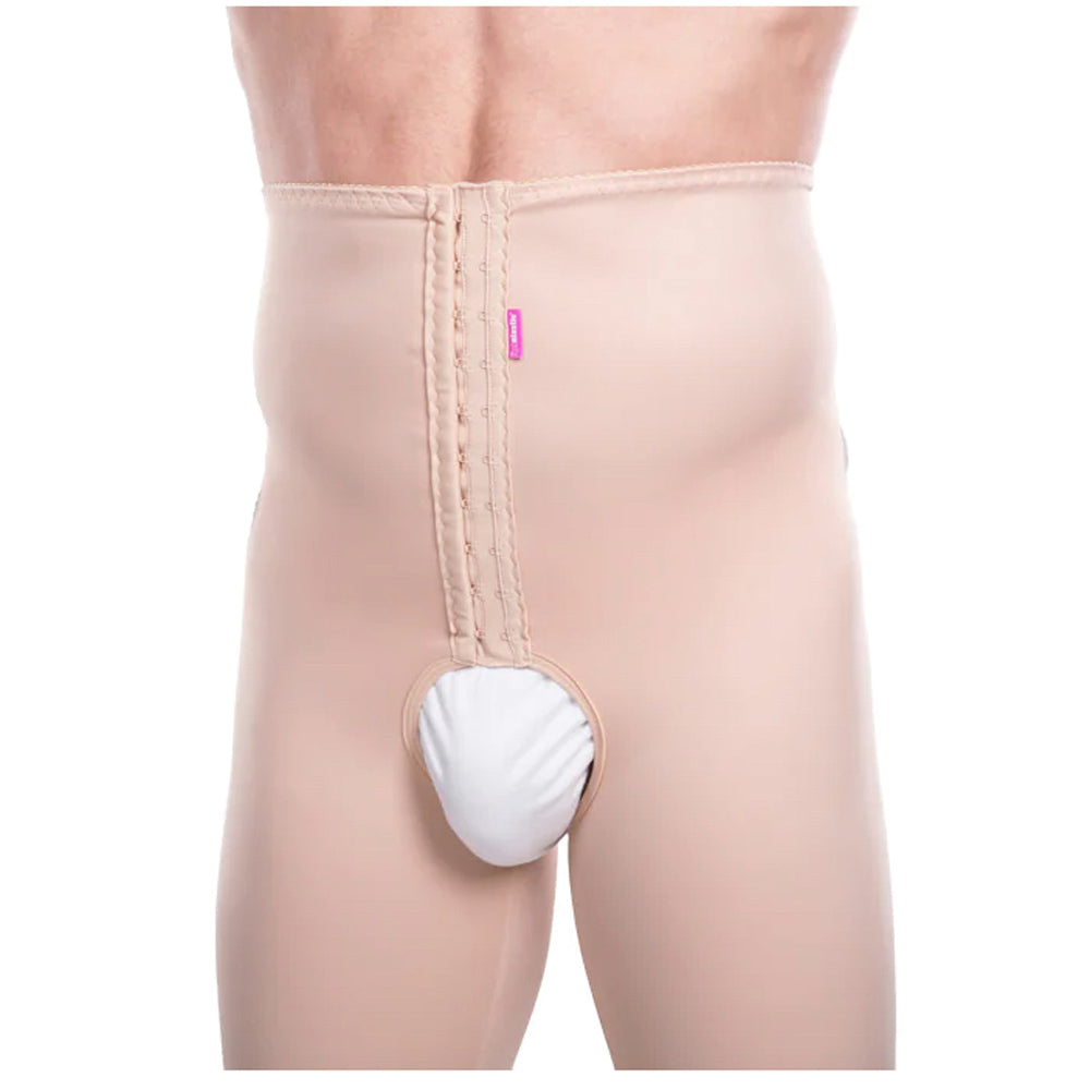 Front detail of high waist and fastening on Lipoelastic TDm Variant men’s compression pants in beige