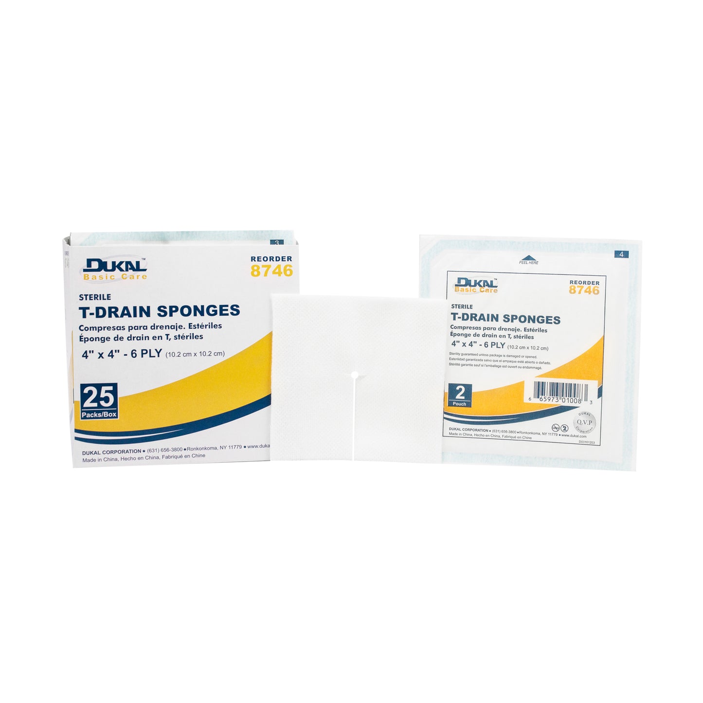 Basic Care T-Drain Sponge, Sterile, 4"x4", 6-ply