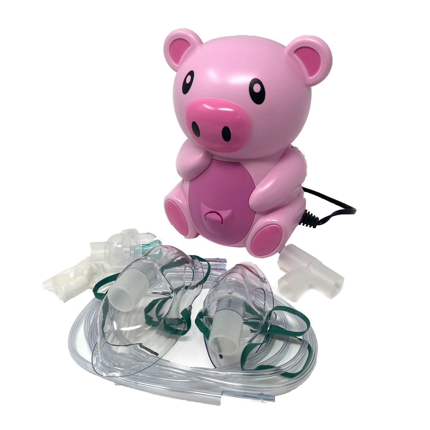 GBM Pediatric Compressor Nebulizer in pig design with masks, tubes, and included accessories