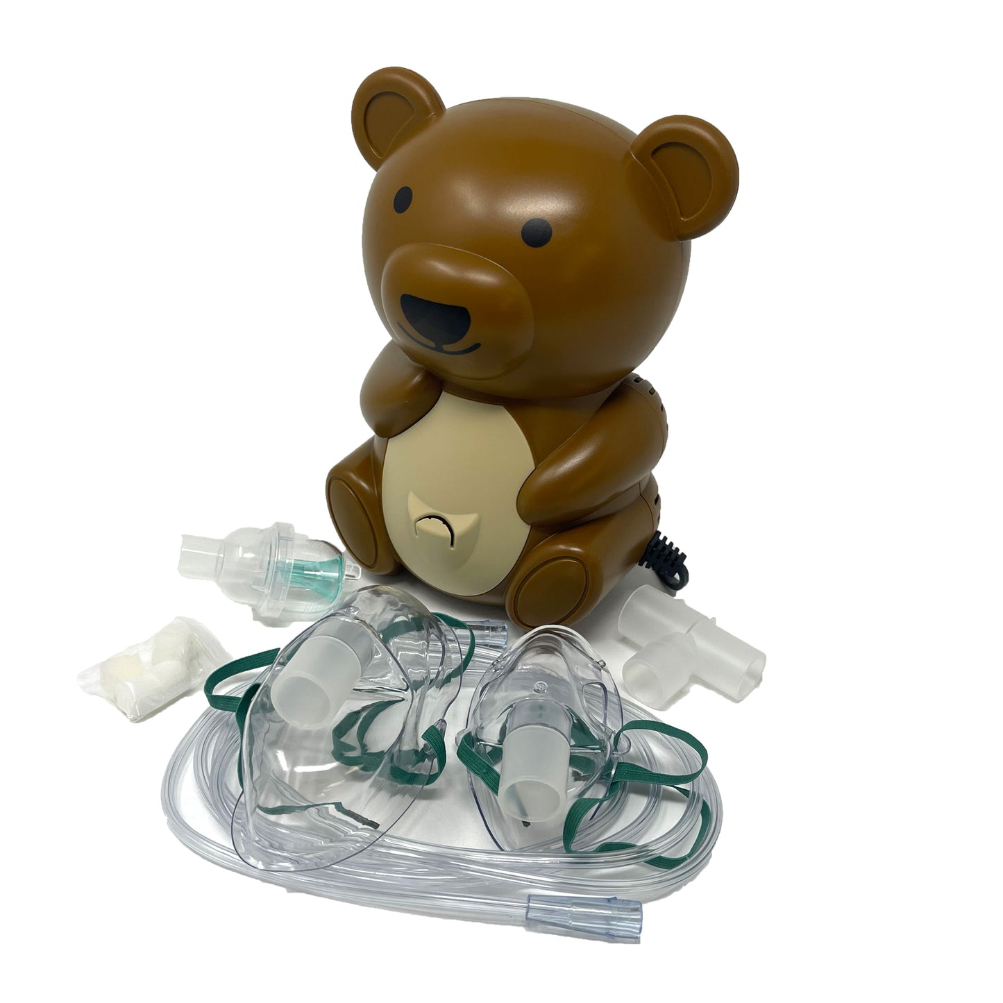 GBM Pediatric Compressor Nebulizer in bear design with masks, tubes, and included accessories.