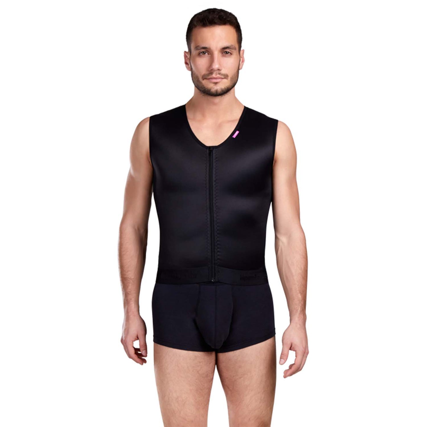 Front view of man wearing Lipoelastic MTm Comfort men’s post-surgery compression vest in black