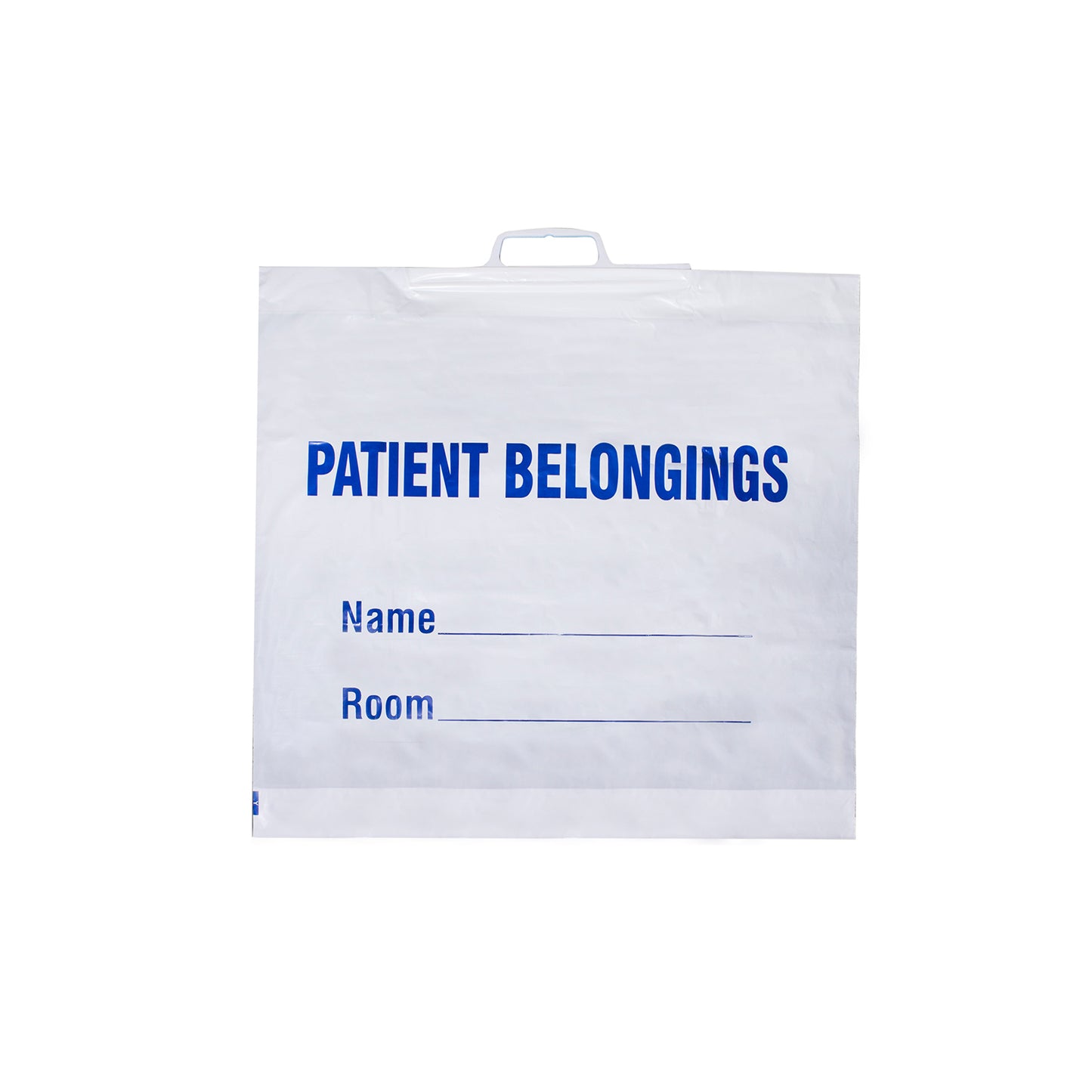 Patient Belonging Bag, white w/ blue print, plastic handle, 20" x 18.5" (+3.5"), 1.3 mil.