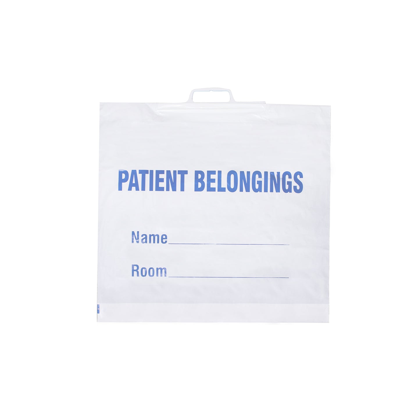 Patient Belonging Bag, white w/ blue print, large, plastic handle, 20" x 23" (+4), 3 mil.