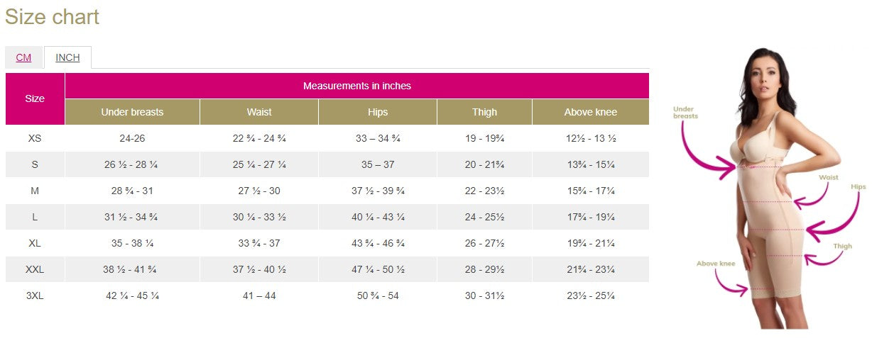 Lipoelastic VF body BBO Variant size chart in inches with body measurement guide for under bust, waist, hips, thigh, and above knee.