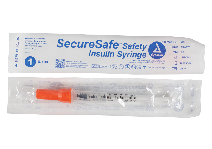 SecureSafe Safety Insulin Syringe - 29G, 1/2" needle