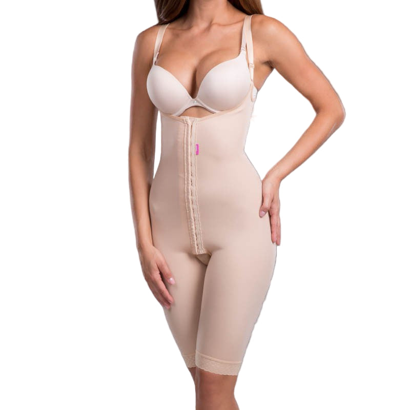 Front view of Lipoelastic VF body BBO Variant nude post-op compression garment with hook-and-eye closure, designed for BBL and tummy tuck recovery.