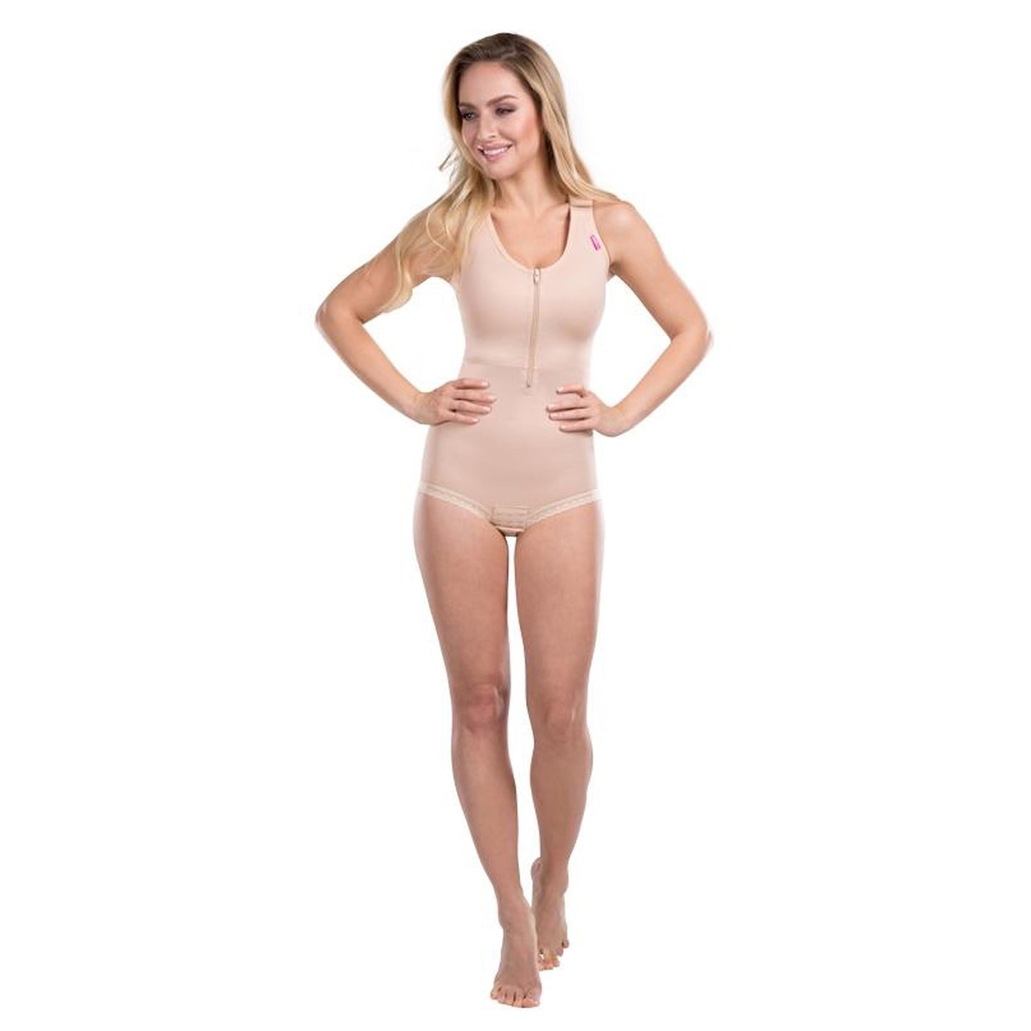 Full-body view of woman wearing Lipoelastic MH Special Comfort beige compression bodysuit