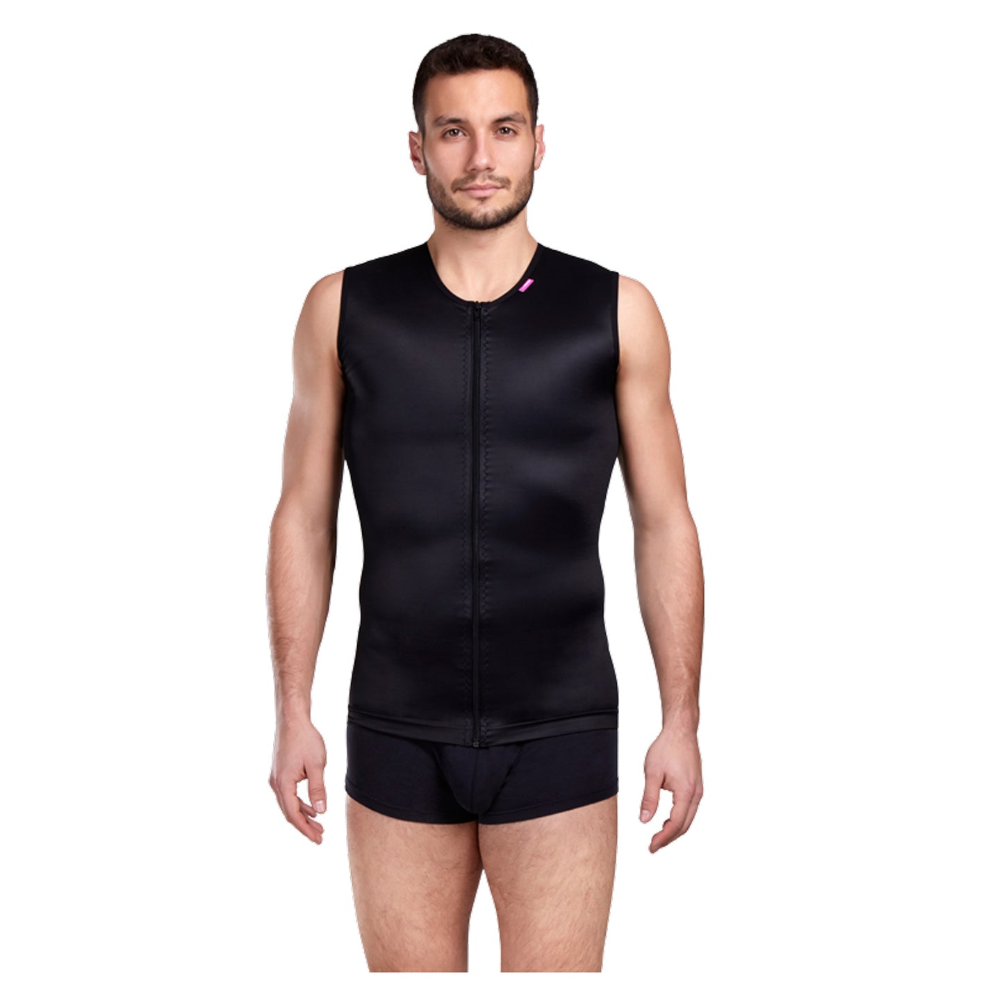 Man wearing Lipoelastic MTmL Comfort men’s extended compression vest in black, front view