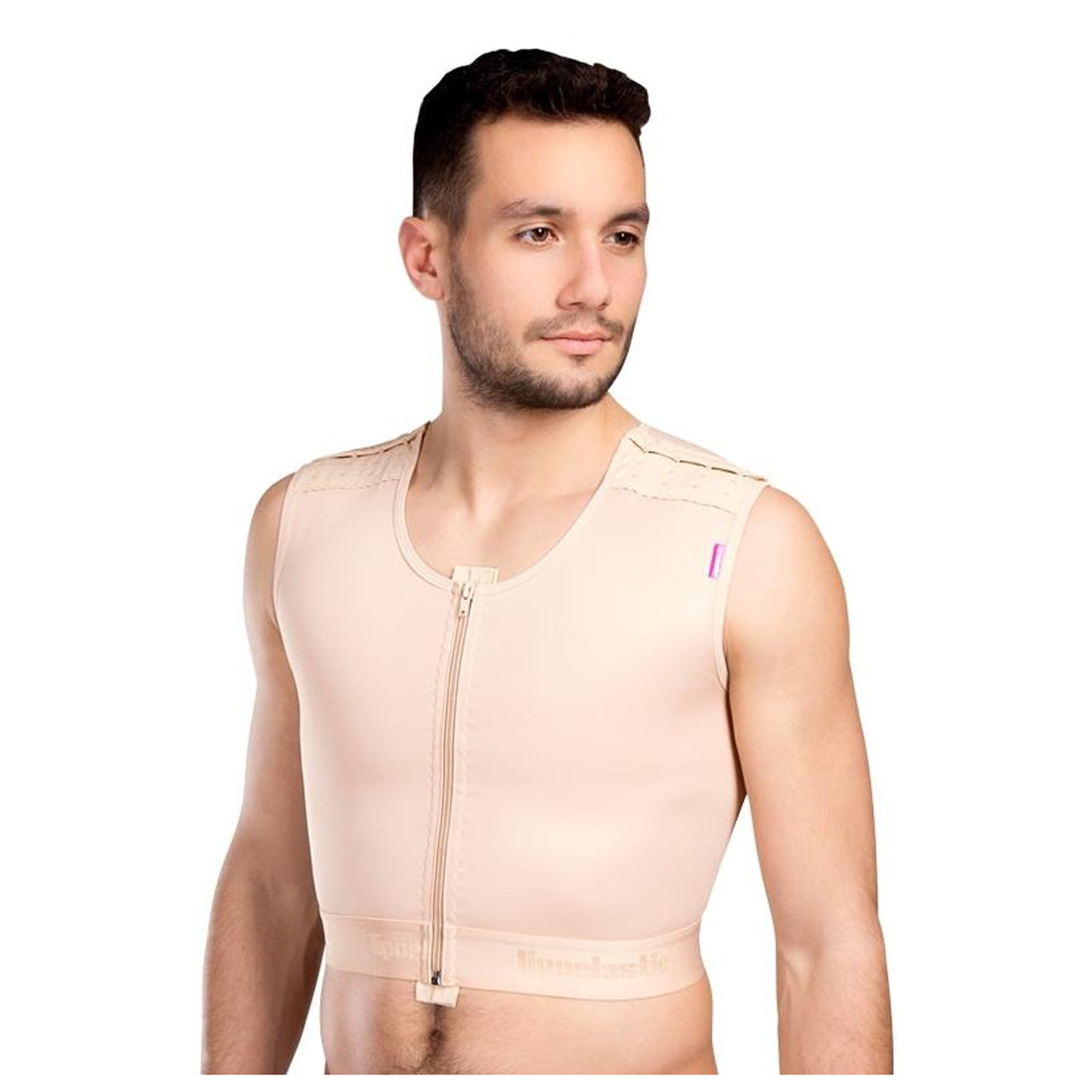 Close-up of man in beige Lipoelastic MTmS Comfort post-surgical vest – angled front view