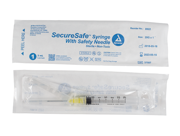 SecureSafe Syringe with Safety Needle - 3cc - 20G 1" needle