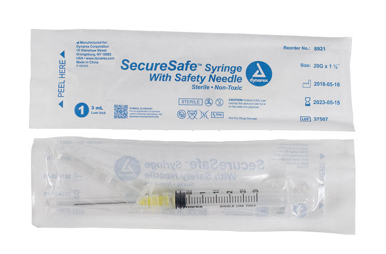 SecureSafe Syringe with Safety Needle - 3cc - 20G 1 1/2