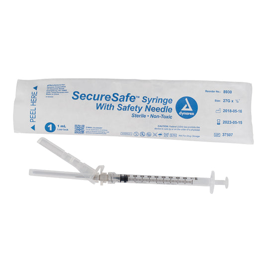 SecureSafe Syringe with Safety Needle - 1cc - 27G, 1/2" needle