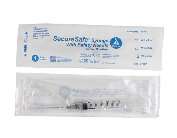 SecureSafe Syringe with Safety Needle - 3cc - 22G, 1.5" needle