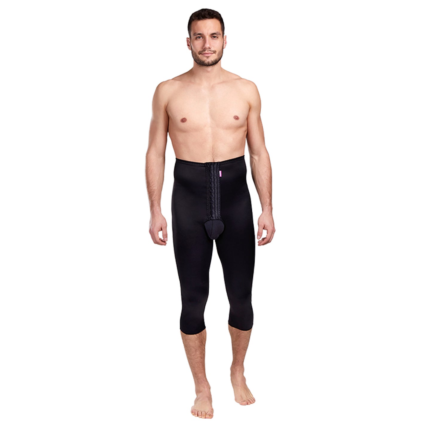 Front view of man wearing Lipoelastic TDm Variant men’s ¾-length compression pants in black