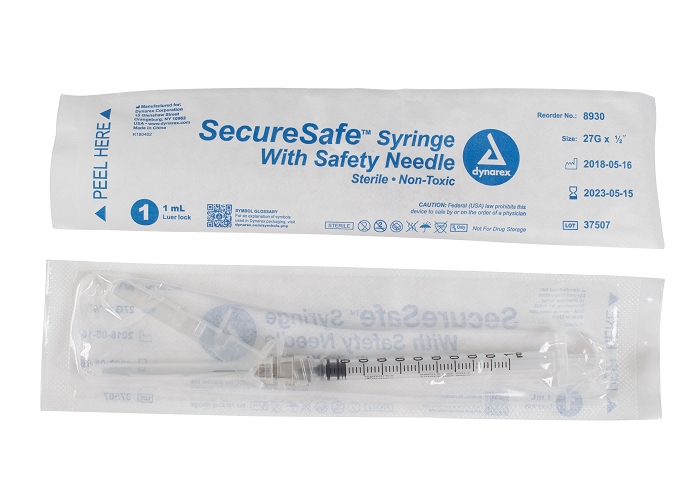 SecureSafe Syringe with Safety Needle - 1cc - 27G, 1/2" needle