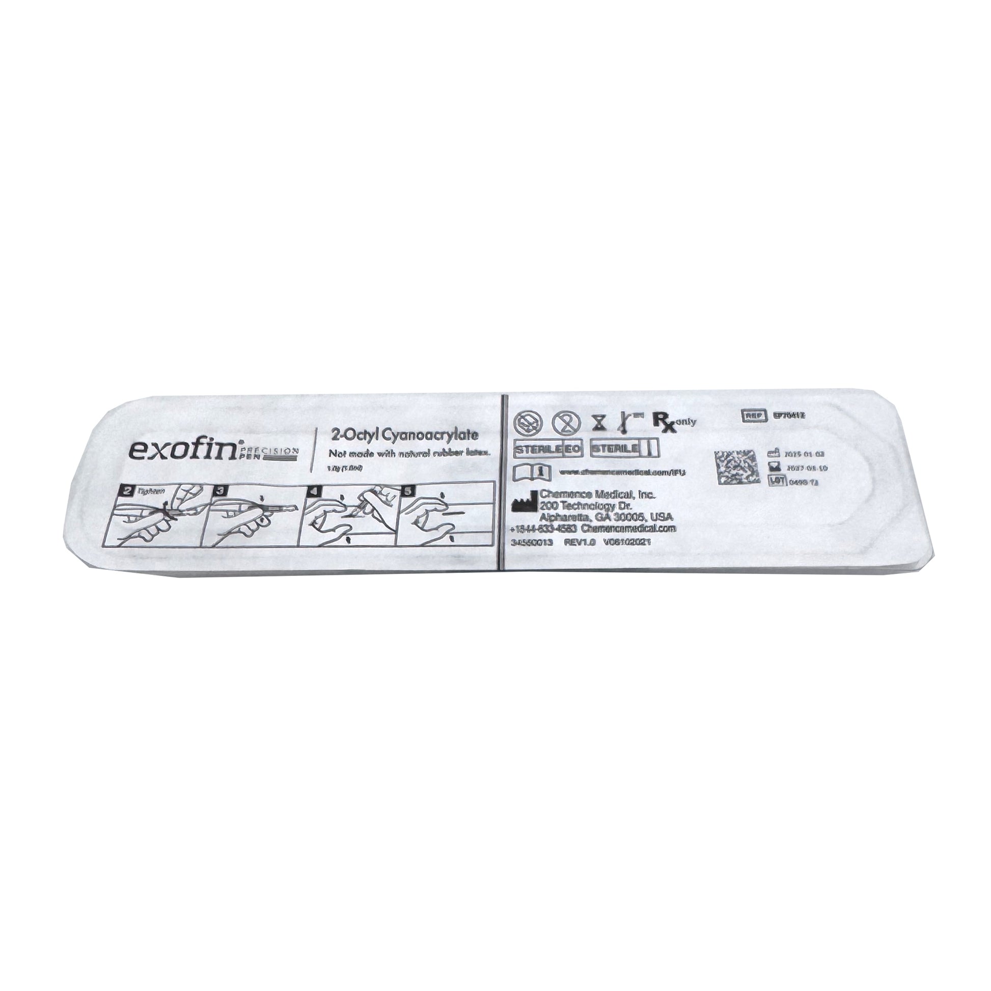 Back of Exofin Precision Pen packaging – product specifications, usage instructions, and regulatory details