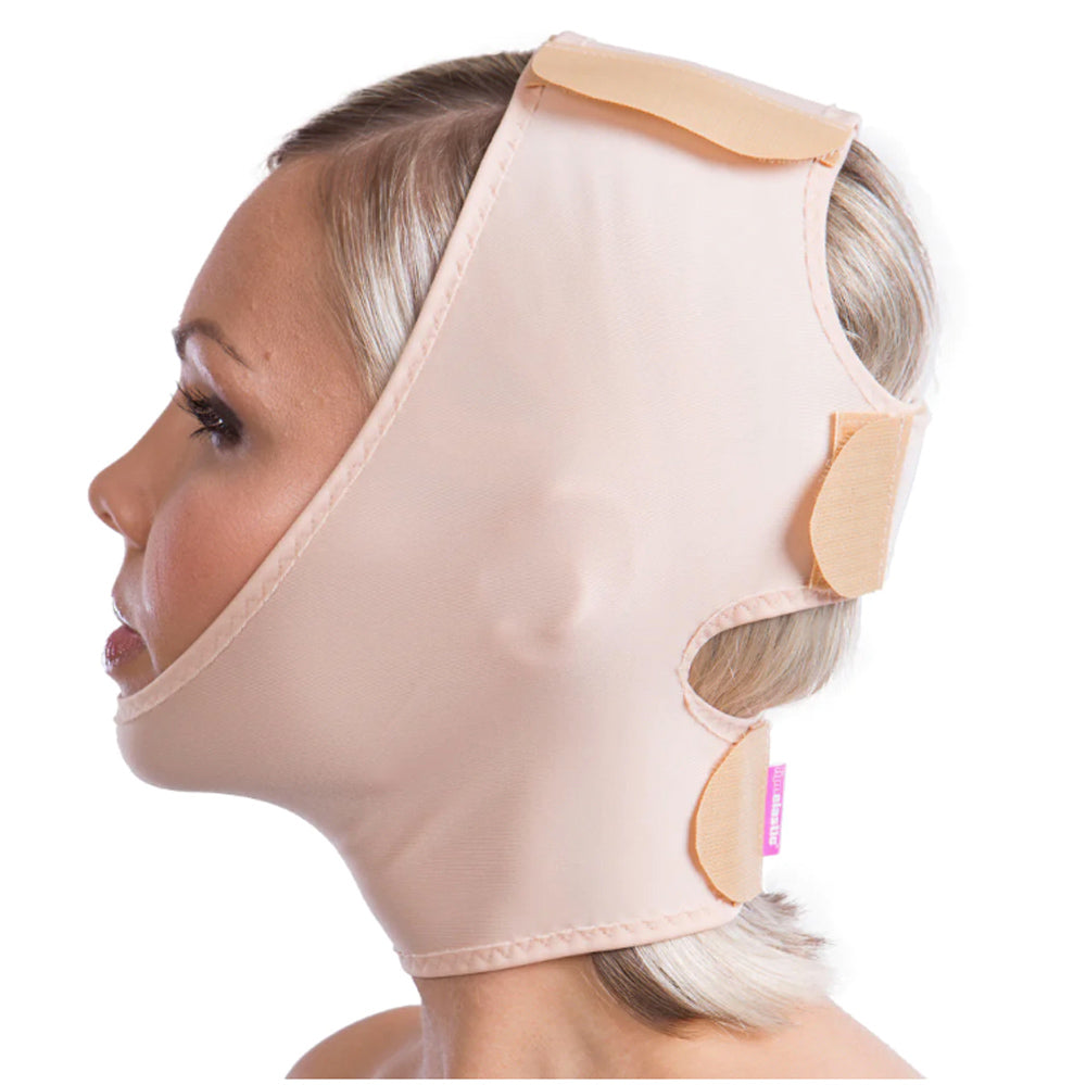 Left side view of Lipoelastic FM Special facial compression mask showing adjustable Velcro closures for facelift and otoplasty recovery.