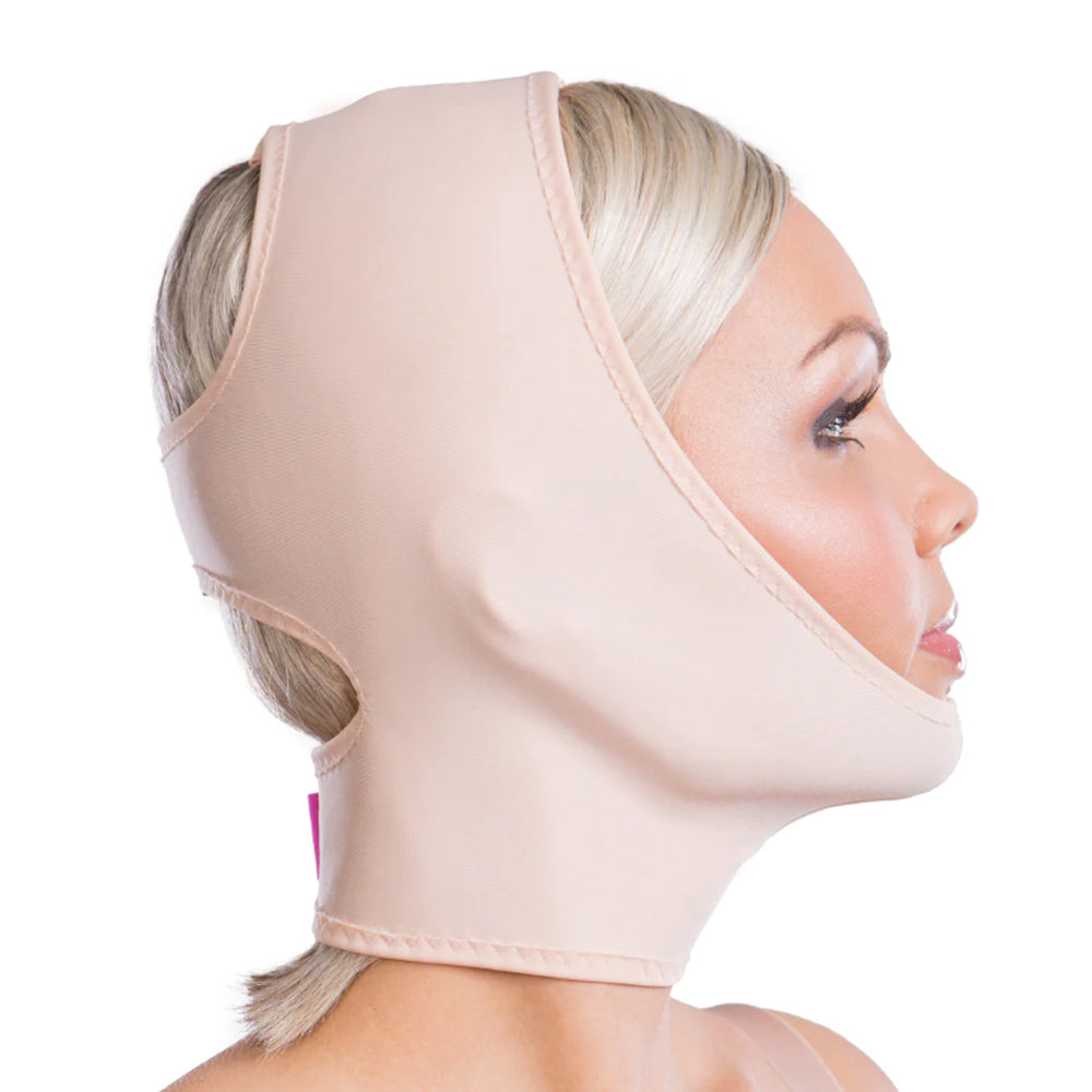 Side profile of Lipoelastic FM Special nude facial compression garment supporting chin, jawline, and neck after surgery.