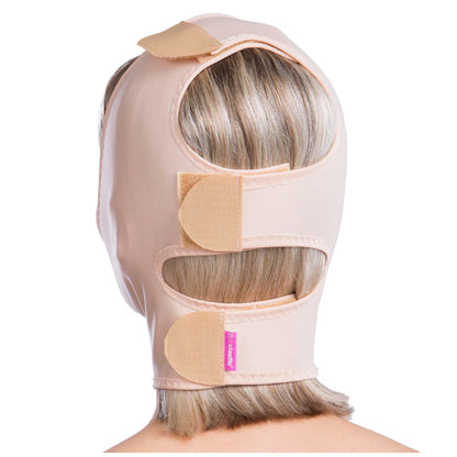 Back view of Lipoelastic FM Special facial compression mask with three adjustable Velcro fasteners for even post-op compression.