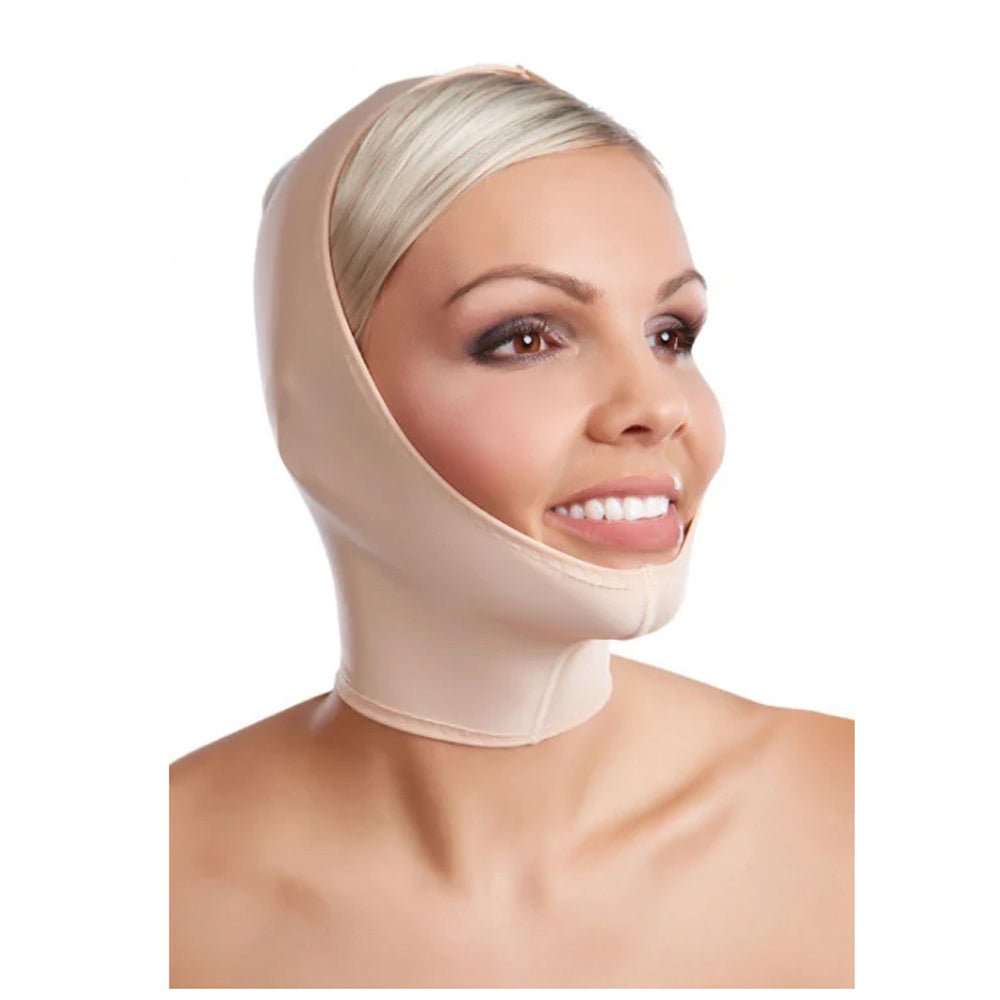 Front angled view of Lipoelastic FM Special facial compression mask in nude for facelift and chin liposuction recovery.