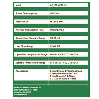 Specifications of the Bear GBM Pediatric Compressor Nebulizer, including technical details.