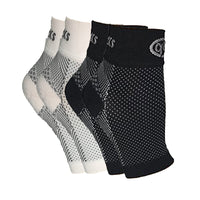 2-pack of GBM mmHg Compression Foot Sleeves with one black and one white sleeve.