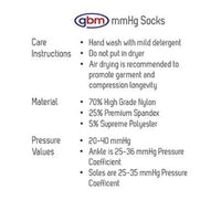 Specifications and care instructions for GBM mmHg Compression Foot Sleeves, including material composition and washing guidelines.