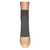 Grey GBM mmHg Compression Foot Sleeve straight-on view showing arch and heel coverage.