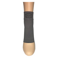 Grey GBM mmHg Compression Foot Sleeve angled view highlighting premium material.