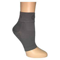 Grey GBM mmHg Compression Foot Sleeve angled view highlighting premium material.”