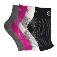 4-pack of GBM mmHg Compression Foot Sleeves with one of each color: black, white, grey, and pink.