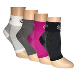 GBM mmHg Compression Foot Sleeves in white, grey, pink, and black colors.