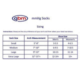 Size chart for GBM mmHg Compression Foot Sleeves with arch and shoe size measurements.