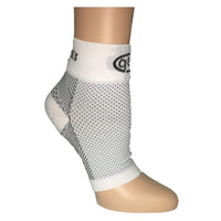 White GBM mmHg Compression Foot Sleeve angled view demonstrating stretch and comfort.