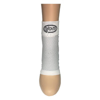 White GBM mmHg Compression Foot Sleeve angled view demonstrating stretch and comfort.