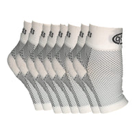 4-pack of white GBM mmHg Compression Foot Sleeves for all-day foot support.