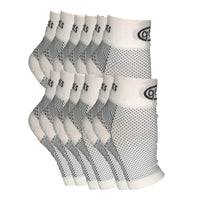 6-pack of white GBM mmHg Compression Foot Sleeves for reliable arch and heel relief.