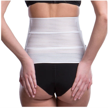 Back view of Lipoelastic KP Special white abdominal binder providing even post-operative compression and support.