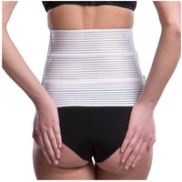 Back view of Lipoelastic KP Special white abdominal binder providing even post-operative compression and support.