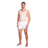 Side front view of man wearing beige Lipoelastic MTm Comfort gynecomastia compression vest