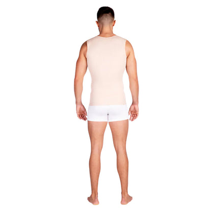 Back view of man wearing Lipoelastic MTmL Comfort beige compression vest”